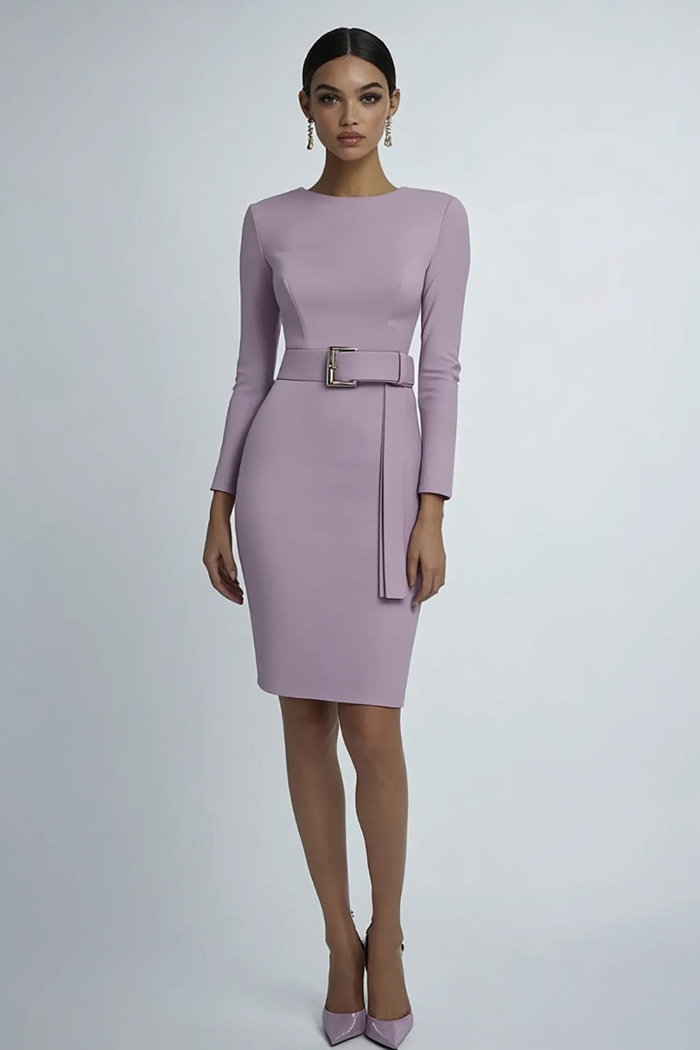 Lilac Bodycon Midi Work Dress with Long Sleeves