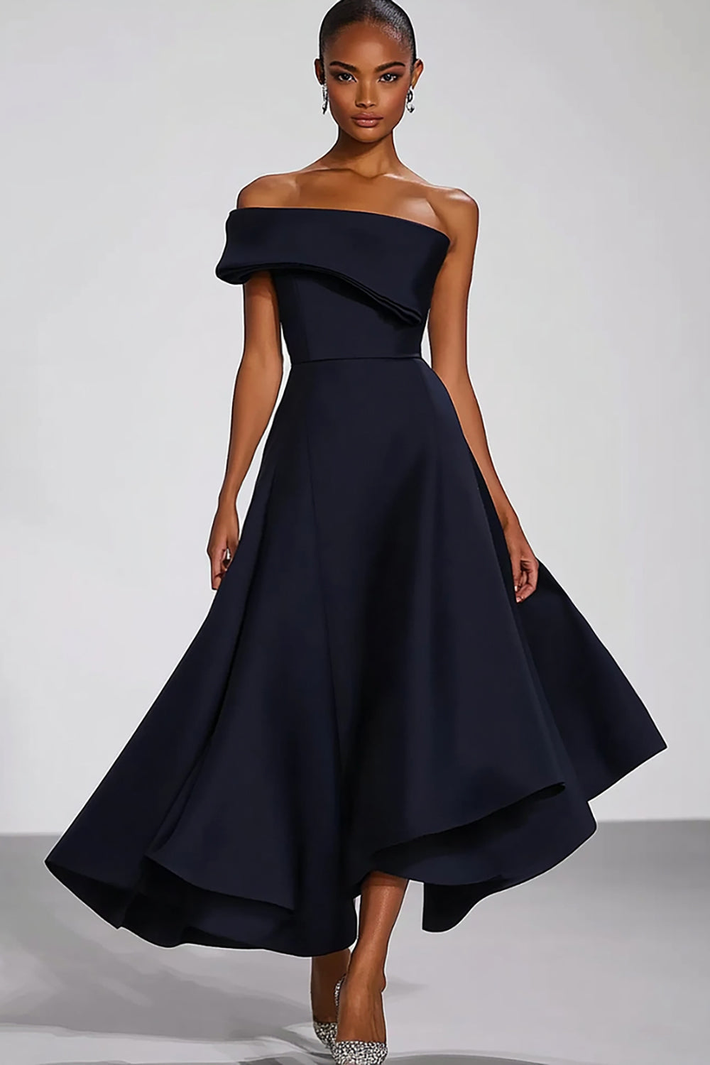 One Shoulder Navy Satin A Line Long Formal Dress