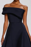 One Shoulder Navy Satin A Line Long Formal Dress