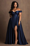 ZAPAKA Women Plus Size Navy Off The Shoulder Satin Formal Dress with Slit A Line Long Evening Dress