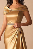 Gold Off The Shoulder Satin Sheath Long Mother Of Bride Dress