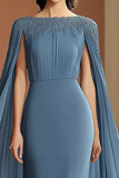 Grey Blue Chiffon Long Boat Neck Sheath Formal Dress with Beading