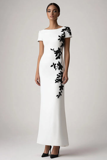 White Boat Neck Sheath Appliqued Crepe Long Formal Dress