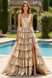 Gold Ball Gown Strapless Tiered Long Formal Dress with Slit