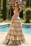 Gold Ball Gown Strapless Tiered Long Formal Dress with Slit
