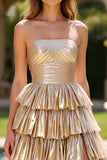 Gold Ball Gown Strapless Tiered Long Formal Dress with Slit