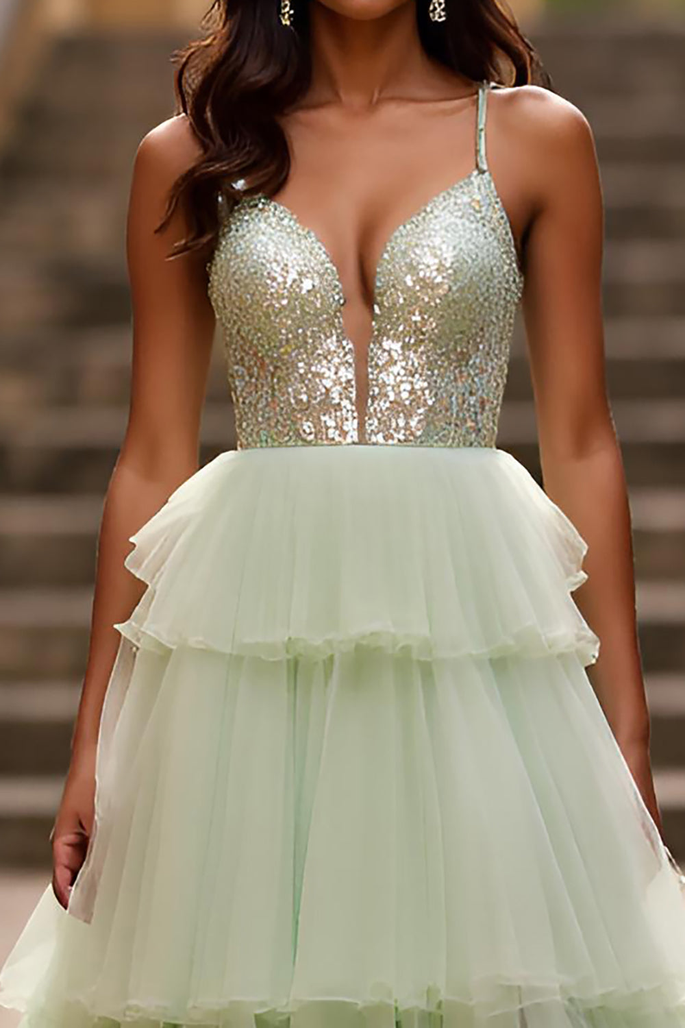 Sparkly Light Green Spaghetti Straps Tiered Long Formal Dress with Sequins
