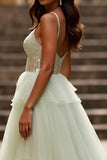 Sparkly Light Green Spaghetti Straps Tiered Long Formal Dress with Sequins