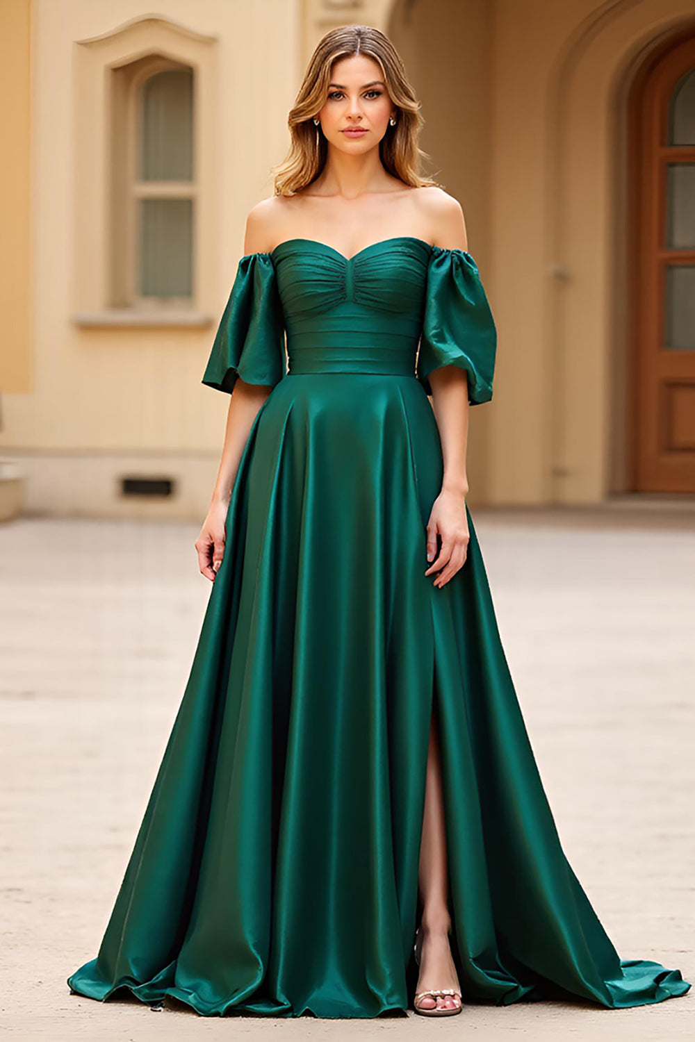Dark Green Off the Shoulder Puff Sleeves Long Satin Prom Dress with Slit
