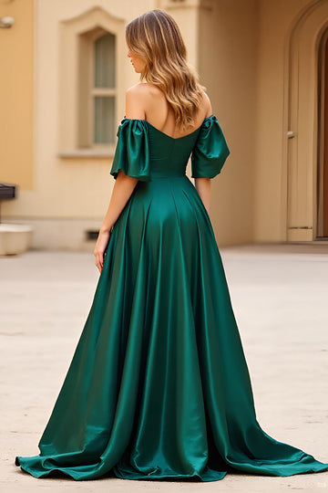 Dark Green Off the Shoulder Puff Sleeves Long Satin Prom Dress with Slit