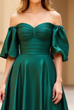 Dark Green Off the Shoulder Puff Sleeves Long Satin Prom Dress with Slit
