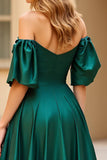 Dark Green Off the Shoulder Puff Sleeves Long Satin Prom Dress with Slit