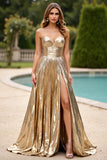 Gold A Line Ruched Sweetheart Long Formal Dress with Slit