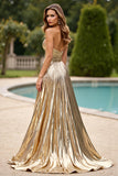 Gold A Line Ruched Sweetheart Long Formal Dress with Slit