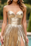 Gold A Line Ruched Sweetheart Long Formal Dress with Slit