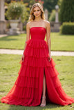 Strapless Tiered Red Tulle A Line Long Formal Dress with Slit