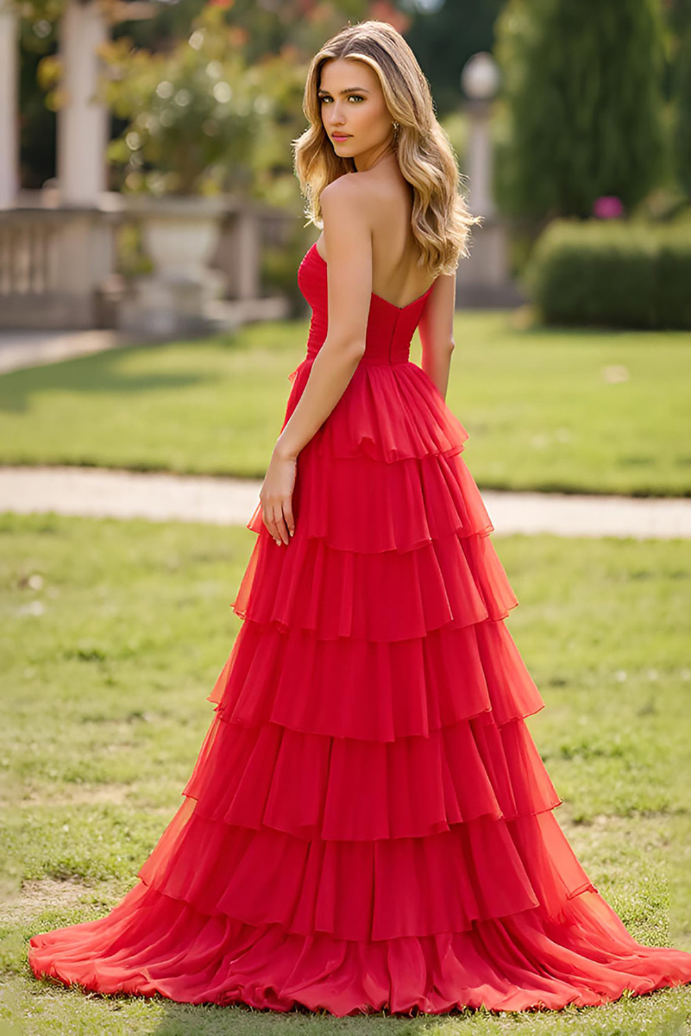 Strapless Tiered Red Tulle A Line Long Formal Dress with Slit