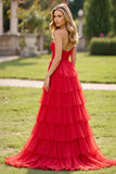 Strapless Tiered Red Tulle A Line Long Formal Dress with Slit
