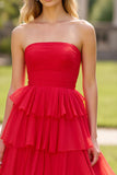Strapless Tiered Red Tulle A Line Long Formal Dress with Slit