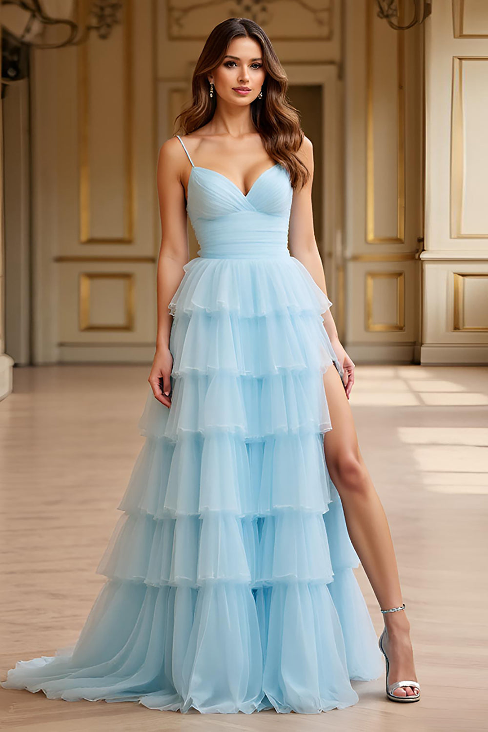 Sky Blue Tulle Tiered Spaghetti Straps A Line Long Formal Dress