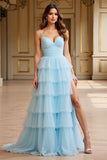 Sky Blue Tulle Tiered Spaghetti Straps A Line Long Formal Dress