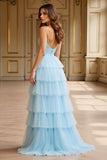 Sky Blue Tulle Tiered Spaghetti Straps A Line Long Formal Dress