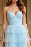 Sky Blue Tulle Tiered Spaghetti Straps A Line Long Formal Dress