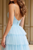 Sky Blue Tulle Tiered Spaghetti Straps A Line Long Formal Dress