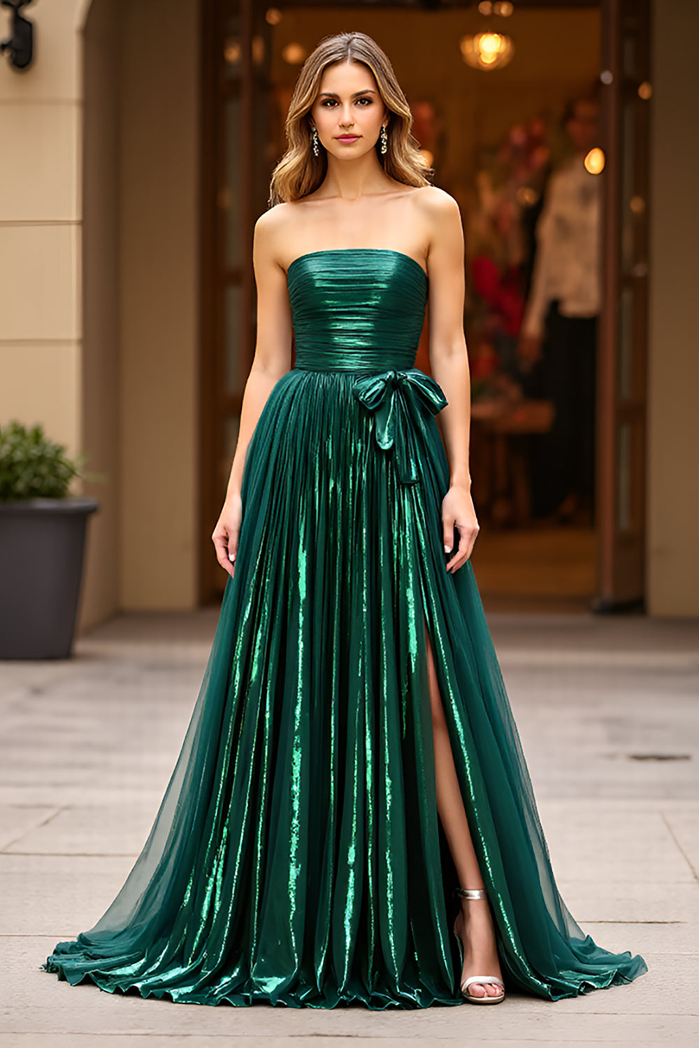 Glitter Dark Green A Line Strapless Ruched Long Formal Dress with Slit