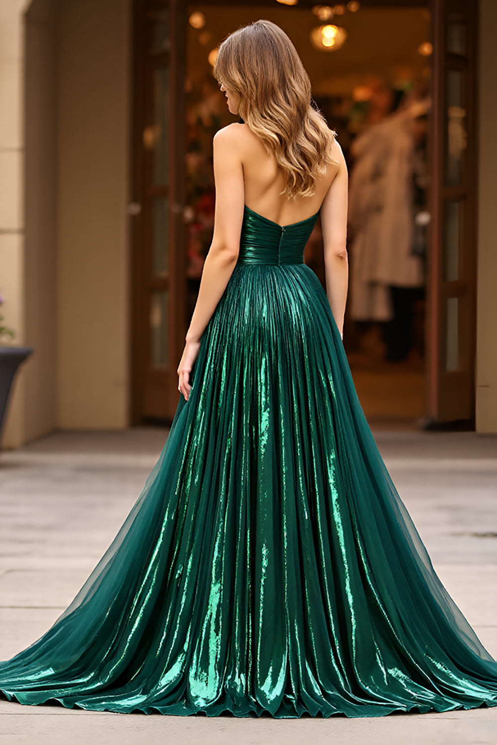 Glitter Dark Green A Line Strapless Ruched Long Formal Dress with Slit