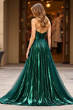 Glitter Dark Green A Line Strapless Ruched Long Formal Dress with Slit