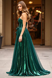 Glitter Dark Green A Line Strapless Ruched Long Formal Dress with Slit