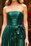 Glitter Dark Green A Line Strapless Ruched Long Formal Dress with Slit