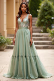 Sparkly Sequins Dusty Sage Organza A Line V Neck Long Formal Dress