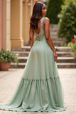 Sparkly Sequins Dusty Sage Organza A Line V Neck Long Formal Dress