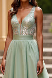 Sparkly Sequins Dusty Sage Organza A Line V Neck Long Formal Dress