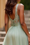 Sparkly Sequins Dusty Sage Organza A Line V Neck Long Formal Dress