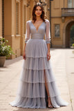 Grey Tulle A Line Long Sleeves Tiered Long Formal Dress