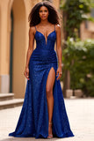 Sparkly Sequins Dark Blue Spaghetti Straps Long Formal Dress with Slit