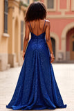 Sparkly Sequins Dark Blue Spaghetti Straps Long Formal Dress with Slit