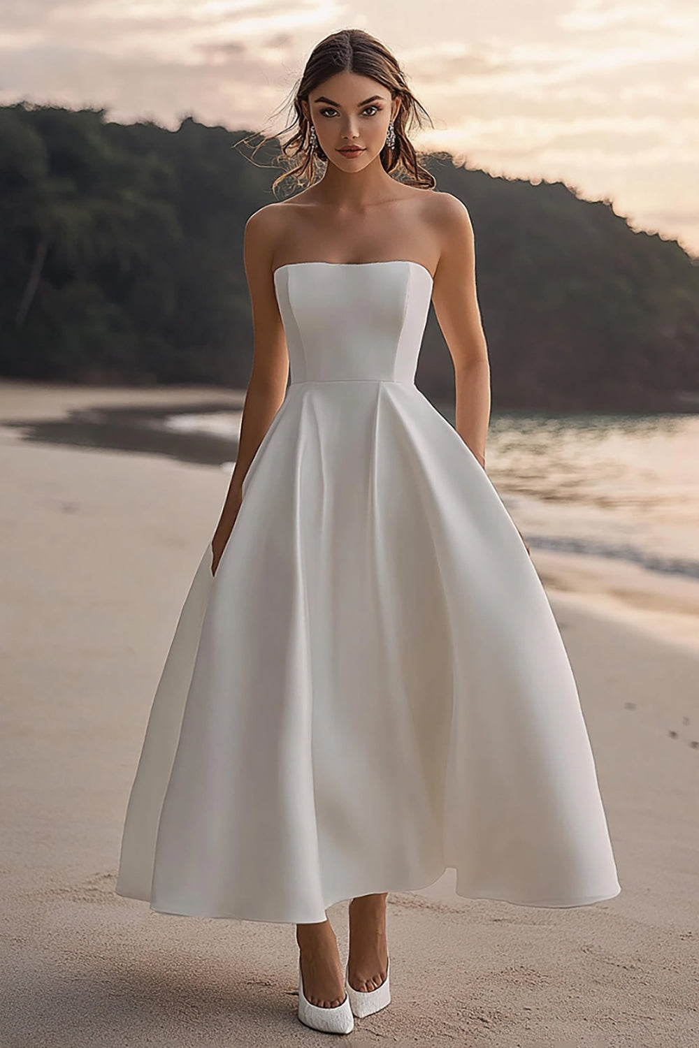 White Satin A Line Strapless Long Formal Dress