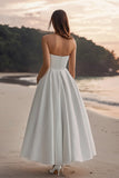 White Satin A Line Strapless Long Formal Dress