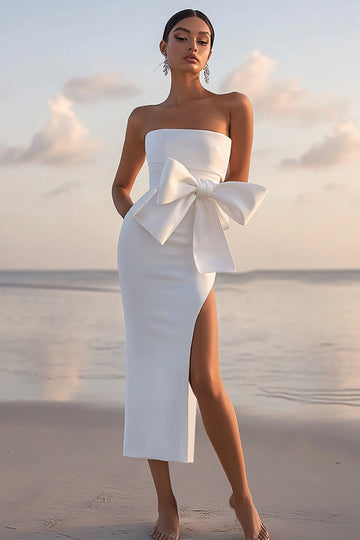 White Sheath Bow Strapless Long Formal Dress With Slit