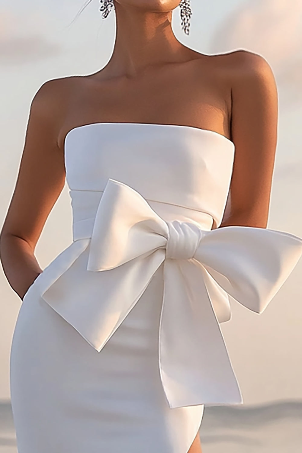 White Sheath Bow Strapless Long Formal Dress With Slit