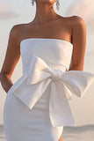 White Sheath Bow Strapless Long Formal Dress With Slit