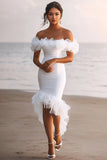Off The Shoulder Asymmetrical Ruffled White Graduation Dress