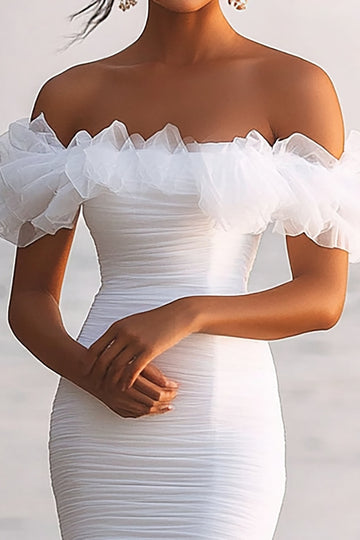 Off The Shoulder Asymmetrical Ruffled White Graduation Dress