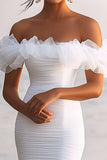 Off The Shoulder Asymmetrical Ruffled White Graduation Dress
