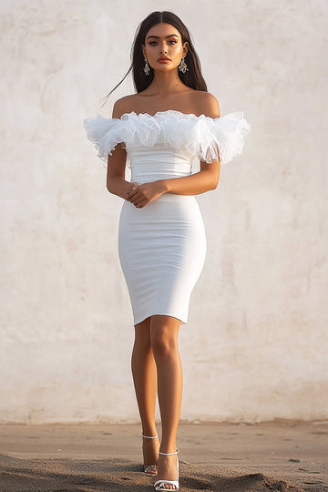 White Off The Shoulder Bodycon Ruffled Short Graduation Dress