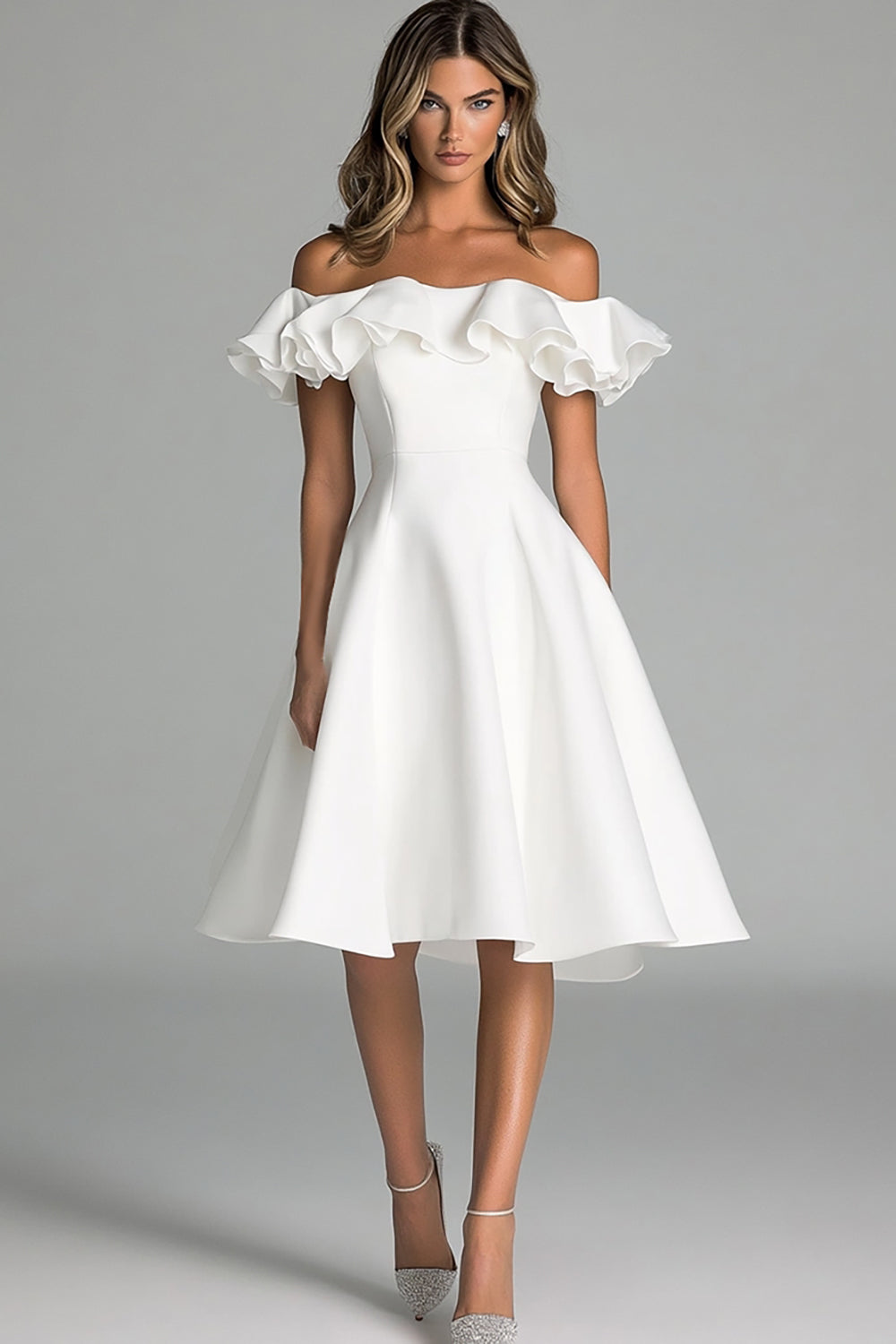 White Off The Shoulder A Line Midi Graduation Dress With Ruffles